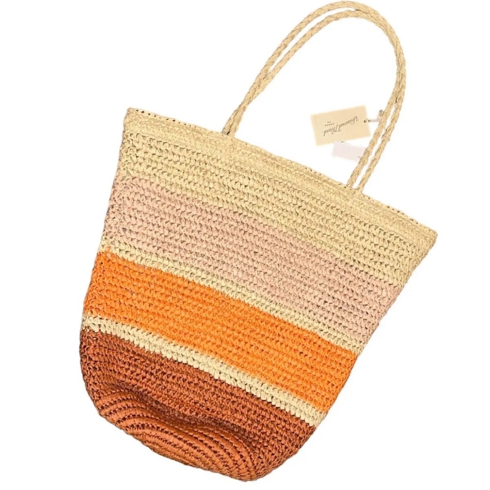 NWT Universal Thread Pink Orange Beige Brown Multicolor Stripe Straw Beach Bag